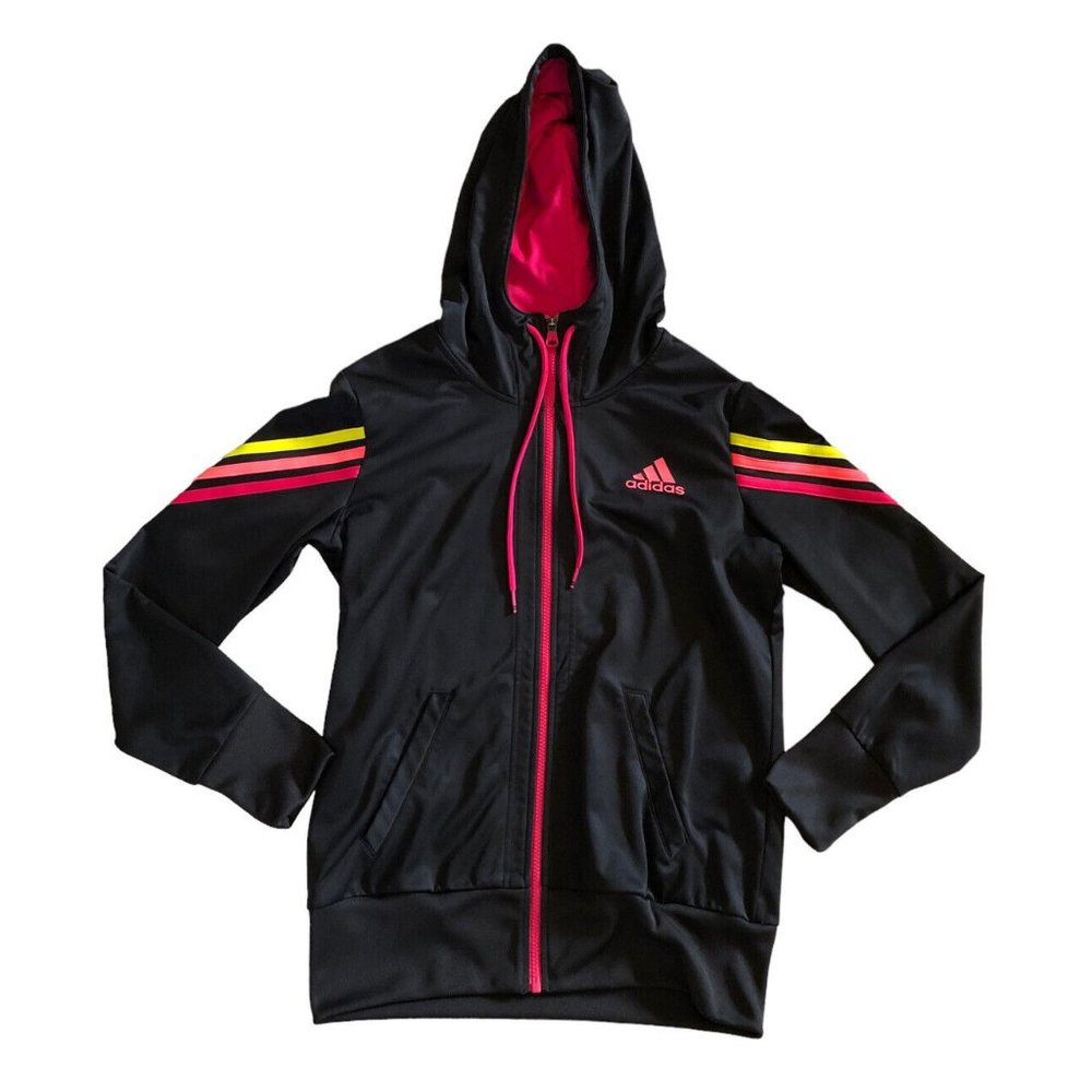 Adidas Women's Black Hoodie Full Zip Pink Neon Stripped Jacket Sweater Size M